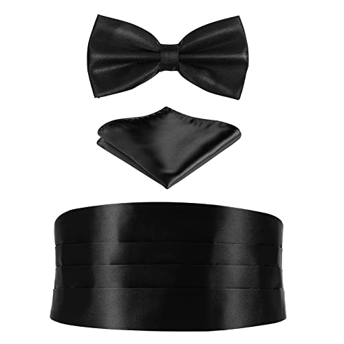 FAVOMOTO 3er Set Herren Kummerbund Fliege Einstecktuch Fliege Schwarz Herren Schwarze Fliege Fliege Schwarz für Feierliche Anlässe, Herren Kummerbund mit Fliege und Einstecktuch Cover