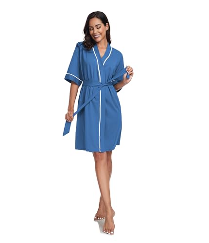 Image of ANLIQI Womens 100% Cotton Robes Lightweight Summer Short Sleeve Lady Bathrobe Knee Length Kimono Robe Sleepwear with Pockets
