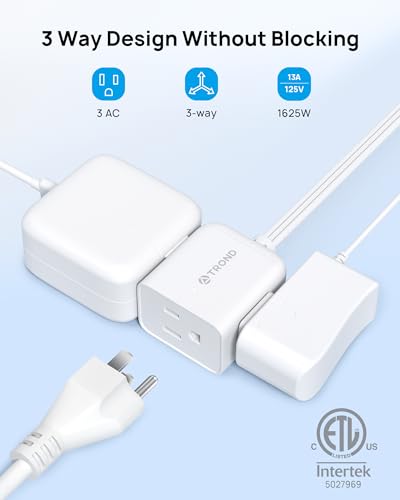 Image of TROND Flat Extension Cord 15ft - Left Angled Flat Plug Power Strip, ETL Listed, 3 Plug Extension Outlets, Three Prong, SPT 16 /3 Gauge, 13A, Compact for Tight Spaces Indoor Home Office Kitchen, White
