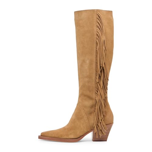 MICIFA Western Cowboy Boots for Women Fringe Knee High Cowgirl Boots with Side Zipper Classic Suede Pointed Toe Tall Booties for Girls Ladies Fall Winter