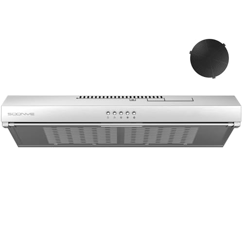 Soonye Dunstabzugshaube 60cm Unterbau Umlufthaube Umluft 220 m/h mit Kohlefilter 3 Leistungsstufen Integrierte Unterschrank Unterbauhaube Abluft Abzugshaube Edelstahl Silber