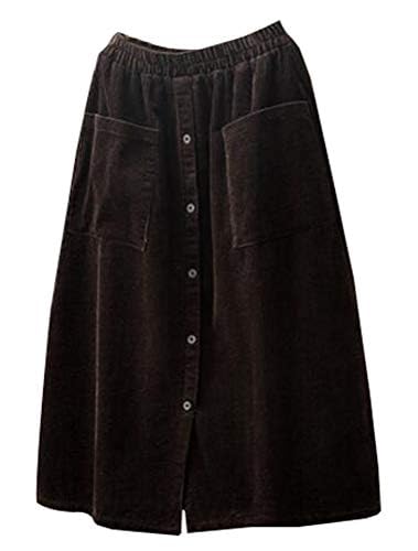 Minibee Women's Corduroy Midi Skirt Front Split Buttons Decoration A-Line Dress (L, Dark Coffee)
