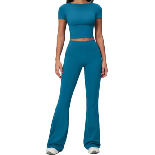 XYFfybhsd Conjunto de chándal 2 Piezas Transpirable para Mujer Top Corto con Cuello Halter + Pantalones Acampanados, Ropa Casual de Entrenamiento(Size:XL,Color:Azul)
