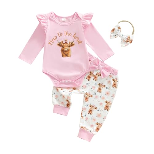 Image of COORALLY 3PCS Western Baby Girl Outfit Ruffled Long Sleeve Romper Bow Cow Print Pants Headband Set Cowgirl Clothes