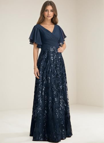 V Neck Mother of The Bride Dresses for Women Sequin Laces Evening Formal Dress with Sleeve2
