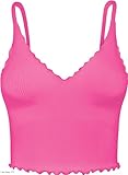 Sunzel Womens Tank Top V Neck Ribbed Cropped Tops with Ruffles Seamless Bralettes with Adjustable Straps for Workout Yoga and Lounge, HOT Pink