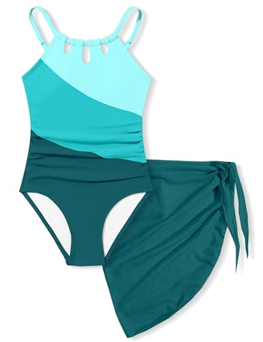 Image of KANGKANG Girls Swimsuit Quick Dry Cut Out One Piece Swimsuits with Tropical Print Cover Up Skirt Bathing Suit Swimwear 7-18Y
