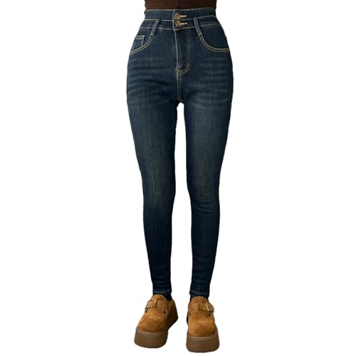 LANLANHANHAN Womens Fleece-Lined Thickened Jeans - Winter High-Waisted Stretch Slim-Fit Jeans4 Blue