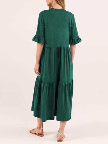 Image of Mieazom Short Sleeves Maxi Dress for Women A Line Summer Dress V Neck Casual Loose Tiered Long Dresses with Pockets