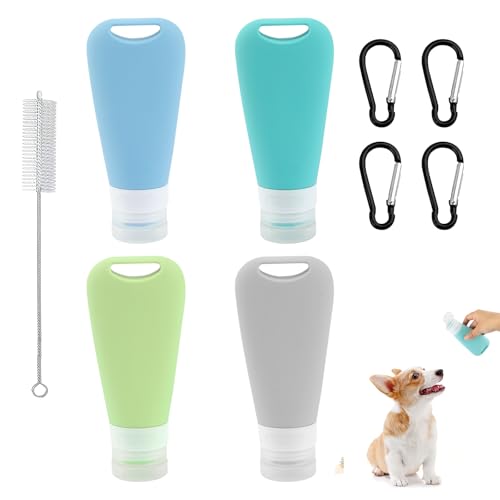Deepton Futtertube zum Befüllen Hund 9 Stück, 90 ML Leberwurst Hunde Tube, Wiederverwendbar Reiseflaschen zum Befüllen, Silikon Futtertube mit Karabiner, Reinigungsbürste für Hundetraining, Unterwegs