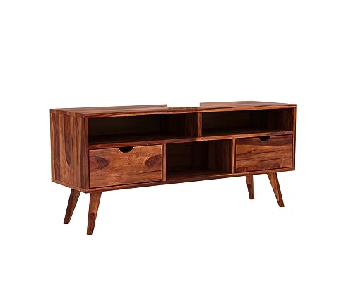 Image of Sheesham Wood TV Unit with 2 Drawers and 3-Shelf Storage - Perfect for Living Room - Fits up to 50-Inch TV (Medora, Honey Finish)