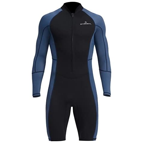 AUBIG Mens Wetsuits Jumpsuit 1.55mm Neoprene Long Sleeve Shorty Diving Suit Fashion Front Zipped Warm Siamese Swimwear One Piece Swimsuit Snorkeling Surf Swim Shorts 03-Men-Navy 3XL Cover
