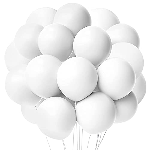 Songjum 50 Pièces Ballons Blancs Mat 30 cm /12 pouces Ballon en Latex Blanc avec Ruban pour Fête d'Anniversaire Célébration Mariage Baby Shower Décorations
