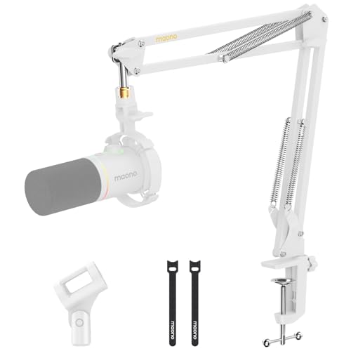 MAONO Brazo Micrófono, Ajustable suspensión micrófono, para podcastin, juegos, streaming y grabaciones, con abrazadera de mesa y adaptador de 3/8' a 5/8', BA20 Blanco