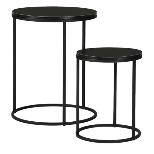 Acomoda Textil Juego De 2 Mesas Auxiliares Redondas De Madera Y Metal Para Salón, Dormitorio Y Terraza. Set Mesas Nido Para Café Diseño Moderno Y Versátil Para Hogar. Negro