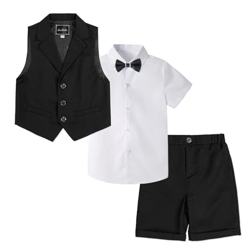 LOLANTA 4-teiliger Kinder Freizeit Anzug Set, Jungen Sommer Festlich Hochzeitsanzug, Kurzarm Hemd, Fliege, Weste, Kurze Hose, Schwarz, 11-12 Jahre, 160