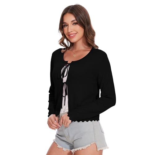 Women's Tie Front Knit Cropped Cardigan Long Sleeve Crochet Sweater Shrug Top2