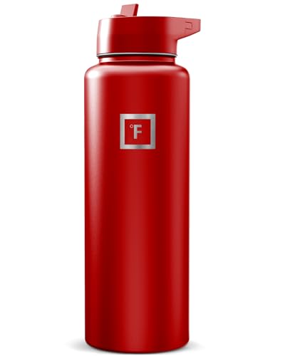 Image of IRON FLASK Camping & Hiking Hydration Flask with Straw, Wide Mouth Insulated Stainless Steel Sports Water Bottle - Fire Red 40 oz - Straw (1 Lid)