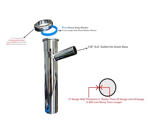 EZ-Fluid Plumbing Heavy Duty 17GA Chrome Brass 1-1/2\" X 8\" Dishwasher Branch Tailpiece w/Slip Joint Nut Connection with 7/8\" Dishwasher Drain Hose Outlet,Brass Nut,Flanged Sink Drainage Pipe,P-Trap. - Thumbnail 2
