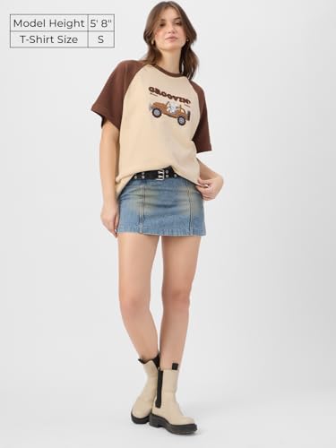 Image of The Souled Store Peanuts: Groovin' Women and Girls Short Sleeves Round Neck Brown Embroidered Cotton Oversized T-Shirts