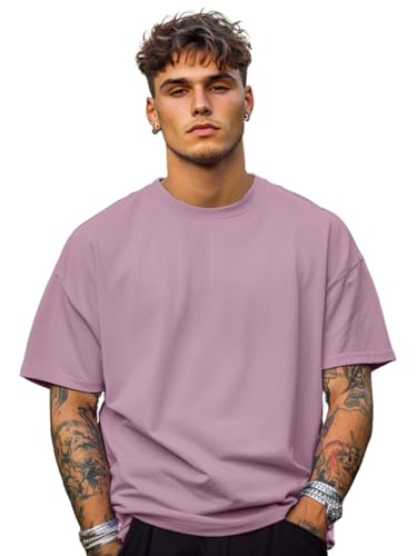 Image of Veirdo Oversized Baggy Fit Drop Shoulder Half Sleeves Round Neck Solid Pure 100% Cotton T-Shirt for Men (Available in White, Black, Mustard, Maroon, Green, Lilac, Navy, Red Color)