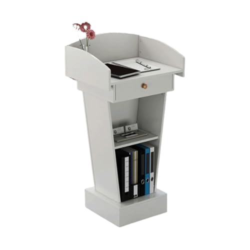 Pupitre en bois avec tiroirs et rangement ouvert, table de conférence portable pour présentations et événements, design polyvalent pour enseignants
