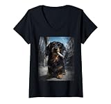 Women's Long Haired Black & Tan Dachshund Dog Smoking Cigarette V-Neck T-Shirt
