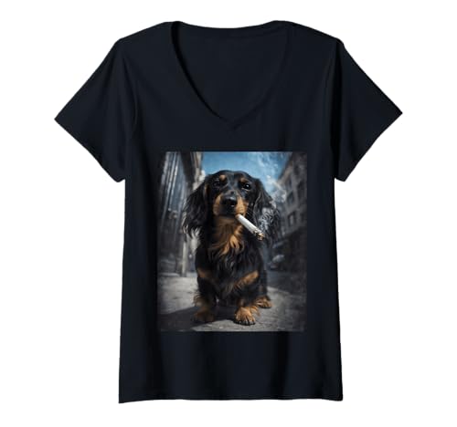 Women's Long Haired Black & Tan Dachshund Dog Smoking Cigarette V-Neck T-Shirt
