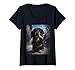 Women's Long Haired Black & Tan Dachshund Dog Smoking Cigarette V-Neck T-Shirt