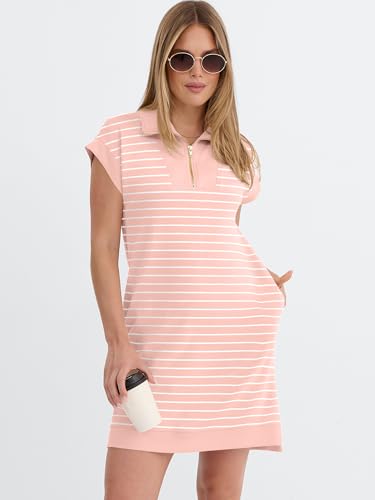 Image of ANRABESS Womens Summer Casual Half Zip Cap Sleeve Trendy Wrinkle-Free Tshirt Dress 2026 Spring Beach Vacation Short Dresses