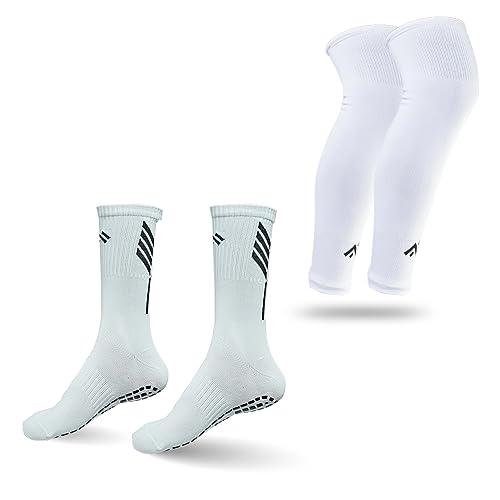 Image of Mizaki Anti-Slip Football Socks and Leg sleeve Combo Pack for Men & Women - Football Grip Stockings with Rubber Pad Grip Technology with UV Protection Leg sleeve