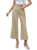 Famulily Womens Button Up Elastic Waist Crop Pants Casual Wide Leg Flare Pants Capri Pants with Pockets Beige L