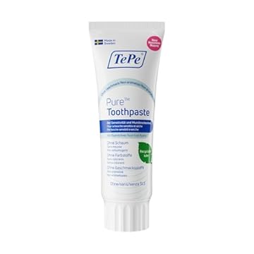 Dentifricio TePe Pure, non aromatizzato, dentifricio molto delicato al fluoro per gengive molto sensibili e bocca secca, uso quotidiano, livello di fluoro adeguato all'età
