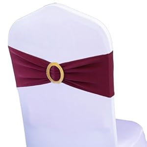 Pack of 50 Spandex Dark Burgundy Chair Sashes with Gold Buckles, Stretch Chairs Sashes for Wedding Party Baby Shower Decor Chair Bands Bows (Dark Burgundy Sashes, Gold Buckles)