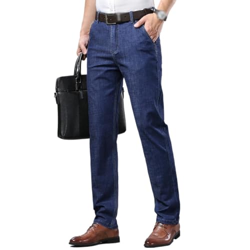 Thin Denim Pants, Loose Waist, Middle-Aged Business Casual Straight Leg Pants, Ice Silk Pants(33) Blue