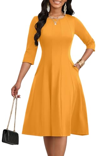 Image of CLOCOR Casual Midi Dresses for Women A-Line Fit and Flare Elegant Church 3 /4 Sleeve Crew Neck Dress with Pocket