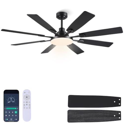 Image of JSAITEE 60In Ceiling Fans with Lights - Black Low Profile Fan Light with 8 Blades, 6 Wind Speeds Reversible, Dimmable, Modern Light Fixture for Indoor Living Room, Kitchen, Coverd Patios