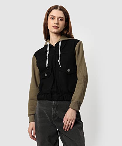 Image of Campus Sutra Women's Black & Olive Green Regular Fit Denim Jacket For Winter Wear | Collared Neck | Full Sleeve | Buttoned | Casual Jacket For Woman & Girl | Western Stylish Jacket For Women