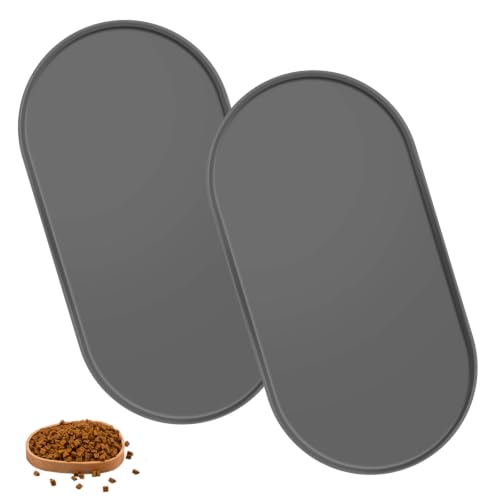 2 Stück Napfunterlage Hunde und Katzen 45.5 * 24.5CM*2.1MM wasserdichte Hundenapf Unterlage, BPA-Freie Silikon Futtermatte mit Unterlage Hundenapf Haustiermatte Leicht zu Reinigende Grau, Oval