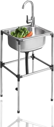 Freestanding Stainless Steel Commercial Kitchen Sink with Bowl & Faucet for Outdoor, Garage, Laundry Room - 43x38cm, Durable & Easy to Clean