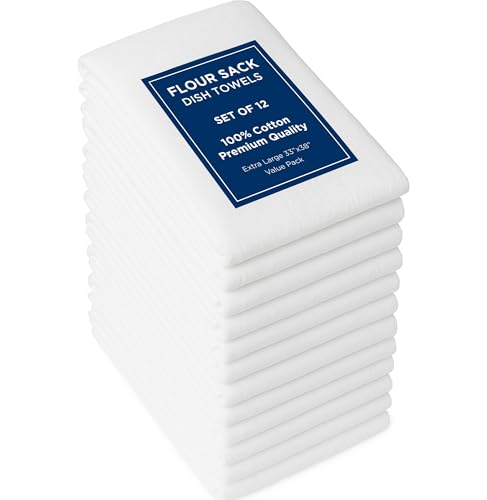 ROYALE LINENS Flour Sack Dish Towels - 33" X 38" Kitchen Towel - Super Absorbent White Flour Sack -100% Ring Spun Cotton -Tea Towels - for Embroidery, Cloth Diapers, Cheese Strainers (12 Pack, White)