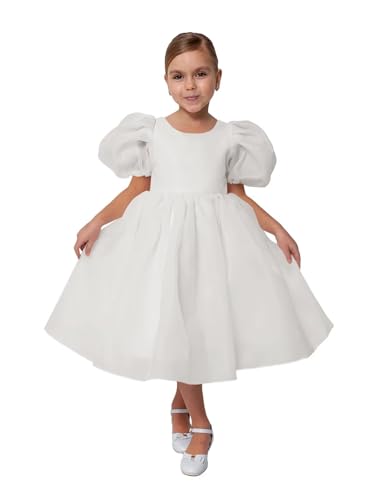 Tulle Flower Girl Dress for Wedding Kids Puff Sleeves Satin Long Pageant Princess Dresses Bowknot Prom Ball Gowns2