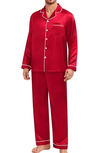 YOZLY Mens Silk Satin Pajamas Set Button-Down Loungewear 2 Pcs Pj Set Long Sleeve Sleepwear with Long Pants S-XXXL