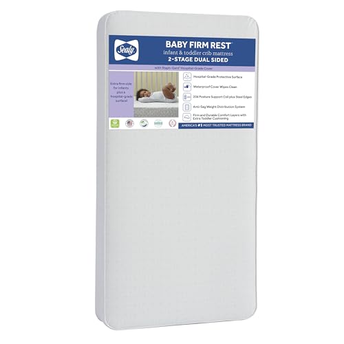 Image of Sealy Baby Firm Rest Antibacterial 2 Stage Waterproof Crib Mattress plus Toddler Bed Fit, 204 Steel Coils, Non Toxic, GREENGUARD Gold Certified, Safety & Quality Tested, Made in USA, 52"X28"