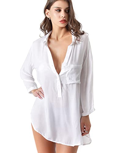 Image of TOUSYEA Sleep Shirts for Women Button Down Shirts Long Sleeve Sleepwear Swimsuit Cover Ups Soft Pajama Tops