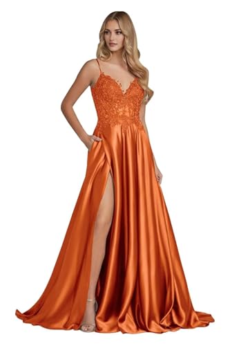 HAIBFJIN Robe de soirée en satin avec applications en dentelle - Robe de soirée longue avec fente - Robe de demoiselle d'honneur pour mariage, Orange...
