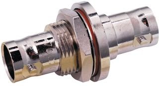 Adapter, BNC Jack to BNC Jack, Bulkhead Mounting, Straight, Delrin Insulating Material, Brass Body, 50 Ohm Impedance, 4Hz Max Frequency