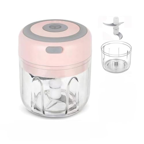 Fiozwea ミニ電動ガーリックマッシャー、コードレス電動カッター、ガーリックミンサー、ショウガミンサー、唐辛子ミンサー、使いやすいガーリックプレス、家庭用グラインダー。3色とサイズからお選びいただけます。 (250ML,ピンク)