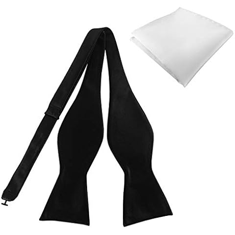 KOOELLE Mens Premium Silky Bowties Tuxedo Solid Colors Bow Ties & Pocket Square Set (Black Bowtie + White Hanky) Cover