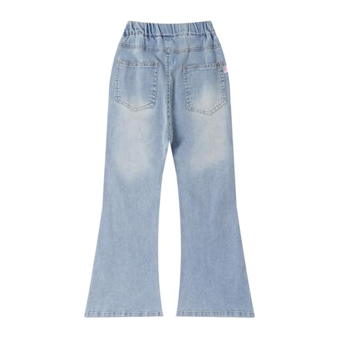 YiZYiF Kids Girl's Elastic Waist Flared Denim Pants Ripped Bell Bottoms Wide Leg Jeans with Bowknot3